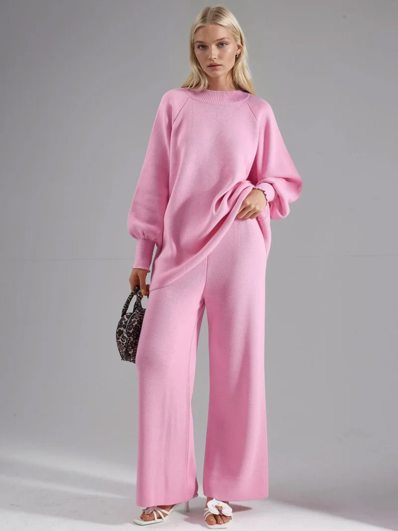 MY FASHION Powder Pink MY FASHION Loose Fit Sweater & Pants Knit Co-ord Set for Women | Best Price UAE